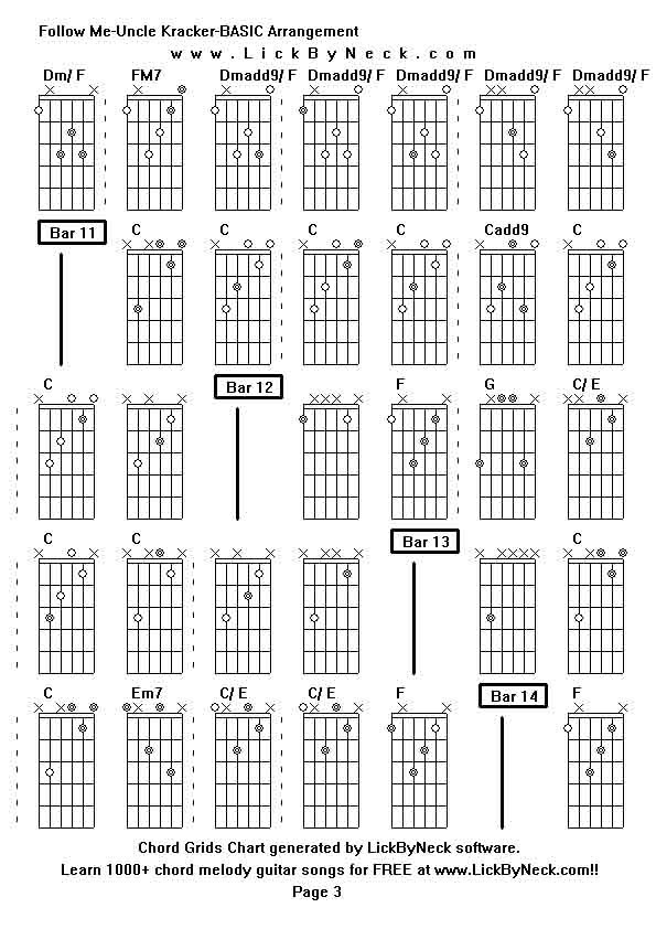 Chord Grids Chart of chord melody fingerstyle guitar song-Follow Me-Uncle Kracker-BASIC Arrangement,generated by LickByNeck software.